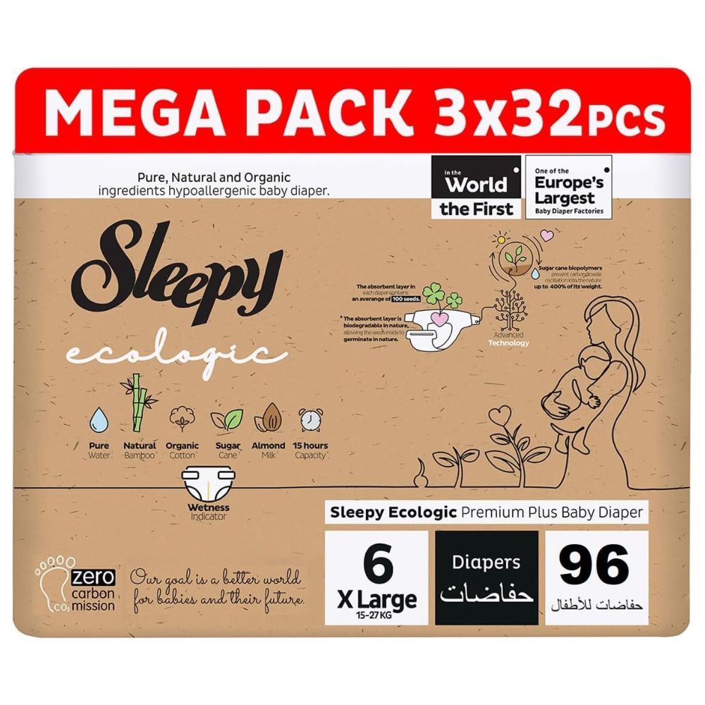 Sleepy - Ecologic Premium Taped Diapers - Size 6 - 15-27 Kg - 96 Count