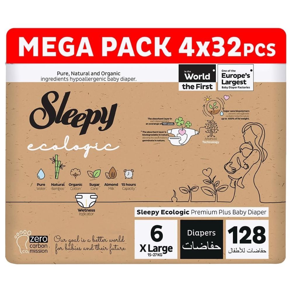 Sleepy - Ecologic Premium Taped Diapers - Size 6 - 15-27 Kg - 128 Count