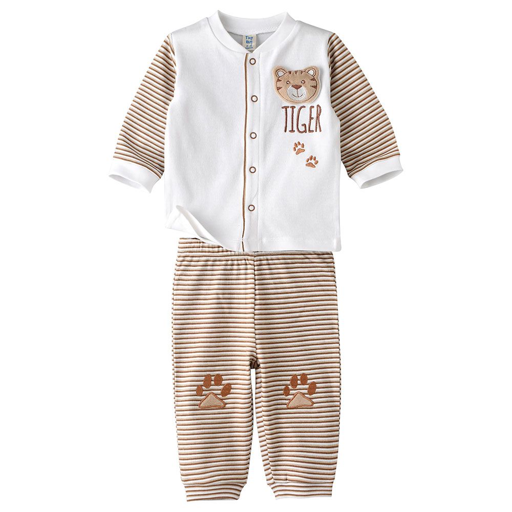 Tiny Hug - 2pc-Set - Long Sleeve Cotton Pajama Suit - Brown/White