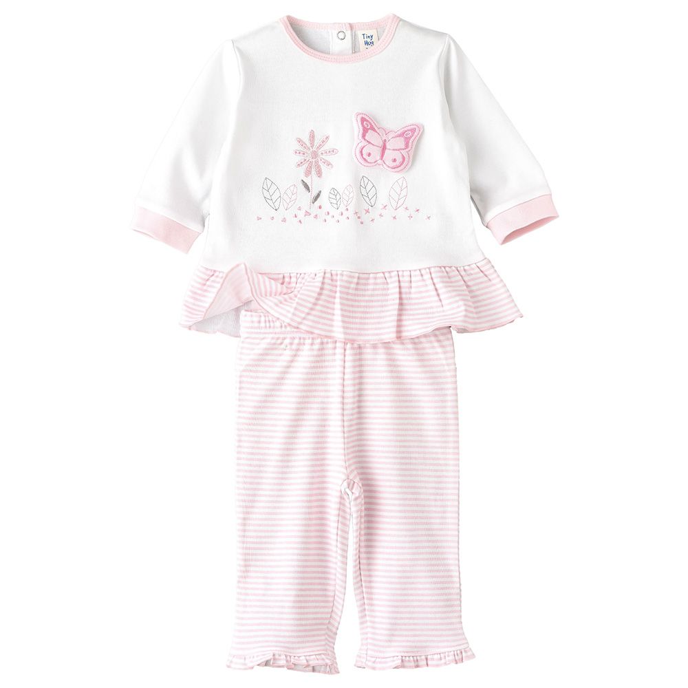 Tiny Hug - 2pc-Set - Long Sleeve Cotton Pajama Suit - Pink/White