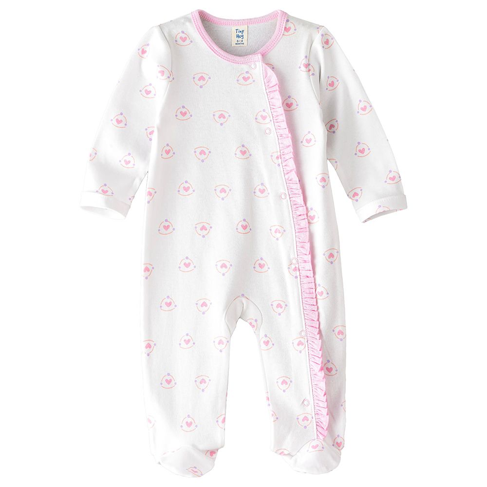 Tiny Hug - Girls Soft And Comfortable Cotton Sleepsuit - White/Pink