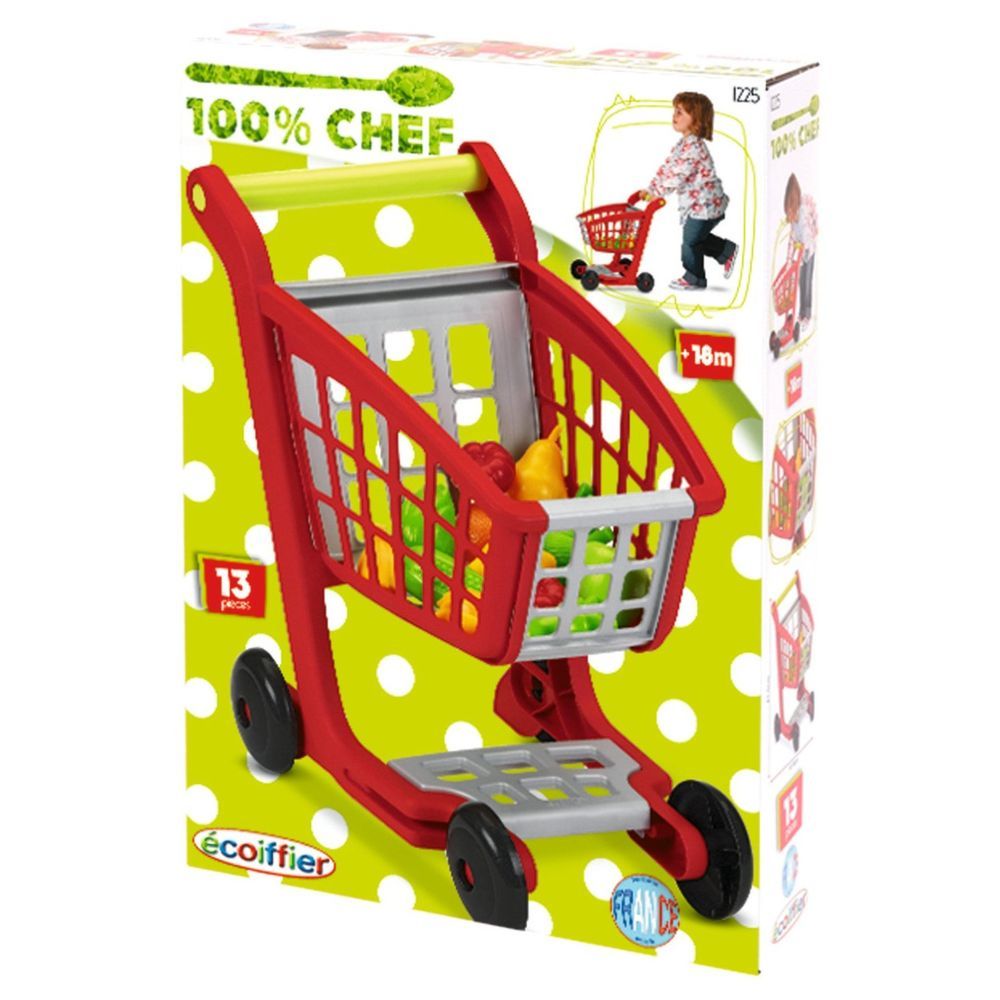 Ecoiffier - Bubble Cook Garnished Supermarket Trolley w/ 12pcs Fruits & Vegetables