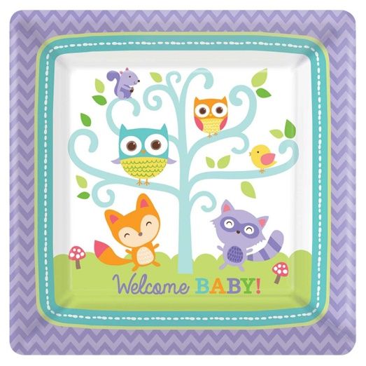 بارتي سنتر - أطباق مربعة Welcome Baby بنقشة حيوانات الغابة 