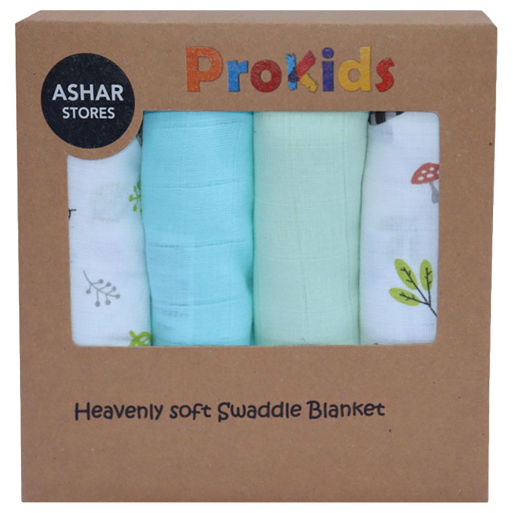 Prokids - 4pc-Set - Essential Muslin Swaddle Blanket - Blue/Green