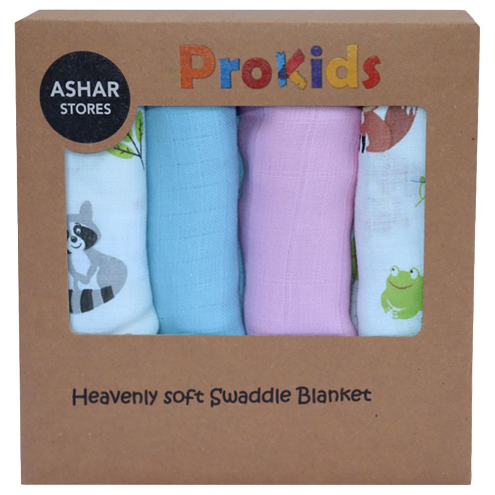 Prokids - 4pc-Set - Essential Muslin Swaddle Blanket - Blue/Pink