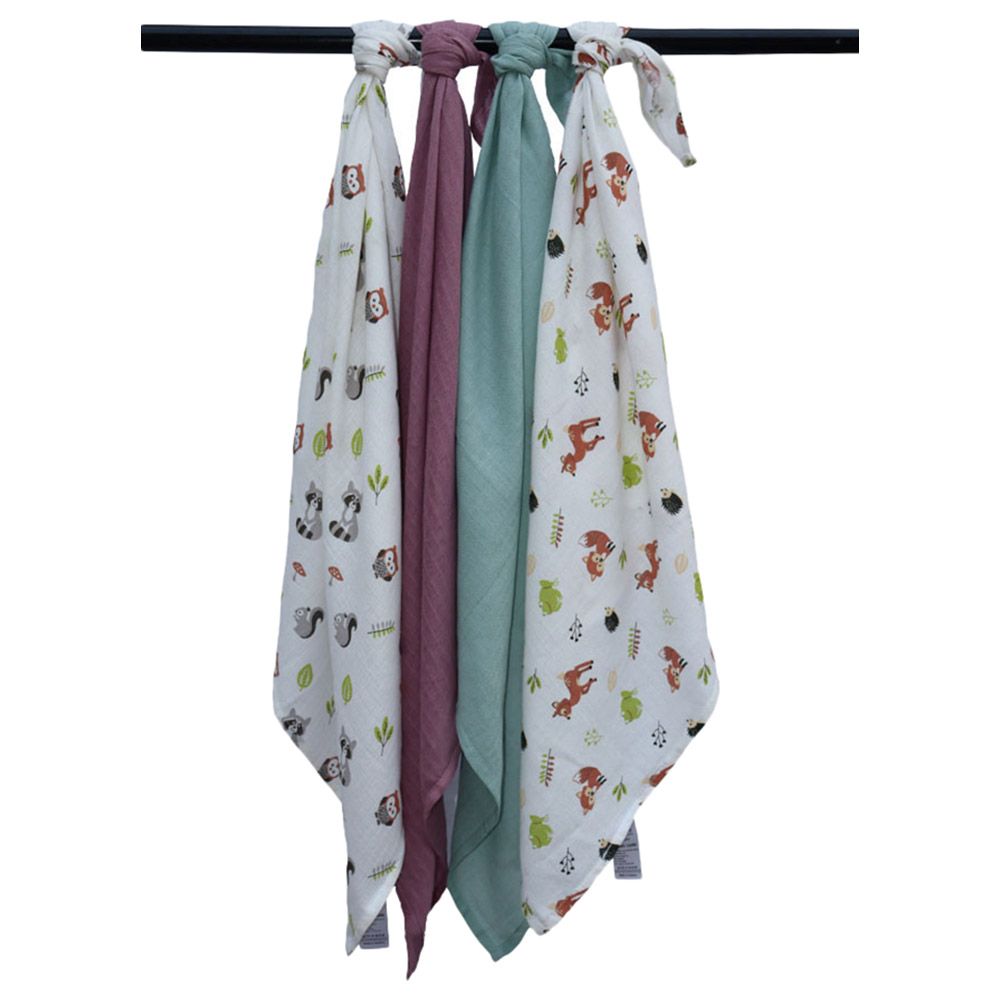 Prokids - 4pc-Set - Essential Muslin Swaddle Blanket - Green/Red