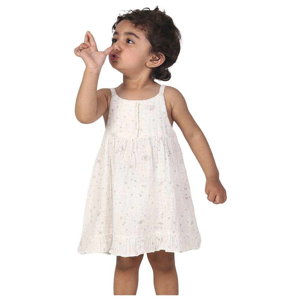 Prokids - Baby Girl's Shoulder Straps Muslin Frock - White