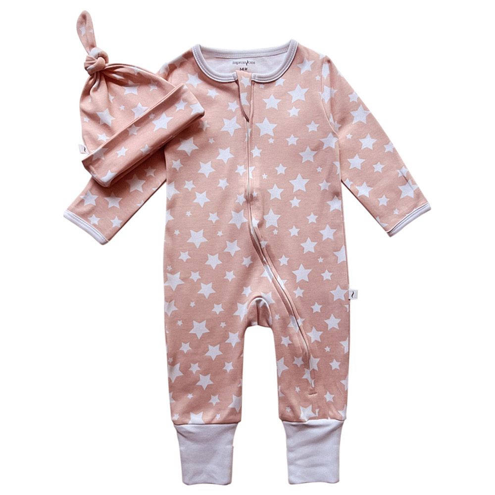 Impressions - Snuggly Stars Romper Beanie Set - Pink