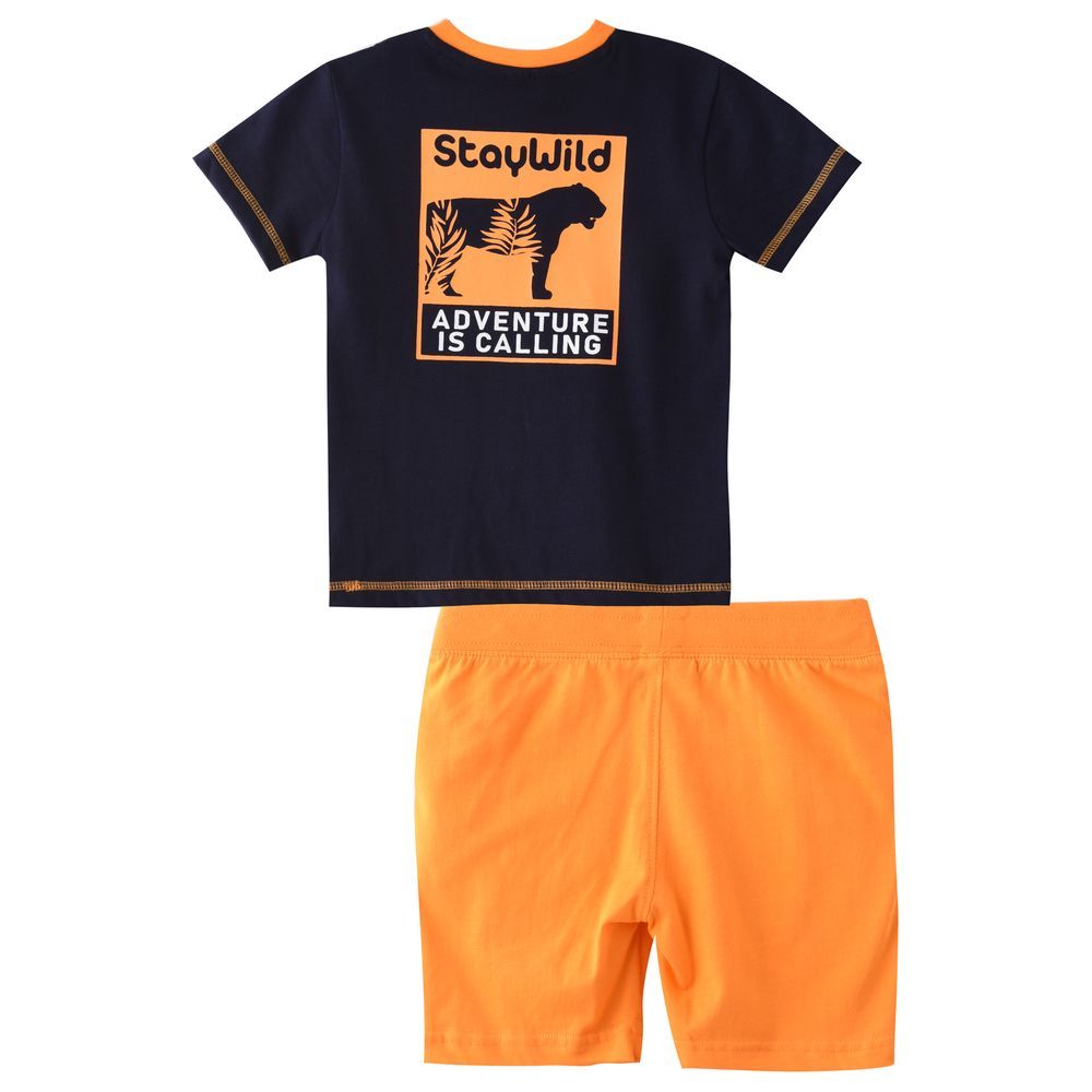 Victor and Jane - 2pc-Set - Baby Boy Stay Wild Adventure T-Shirt & Shorts Set - Navy/Orange