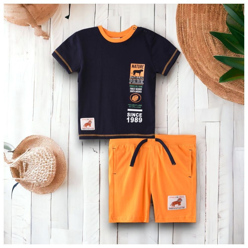 Victor and Jane - 2pc-Set - Baby Boy Stay Wild Adventure T-Shirt & Shorts Set - Navy/Orange