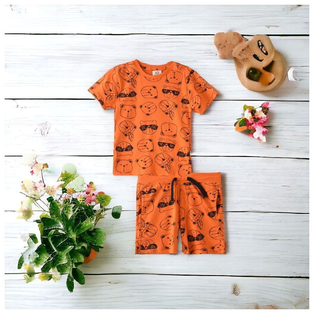 Victor and Jane - 2pc-Set - Baby Boy Aop T-Shirt & Shorts Set - Dark Orange