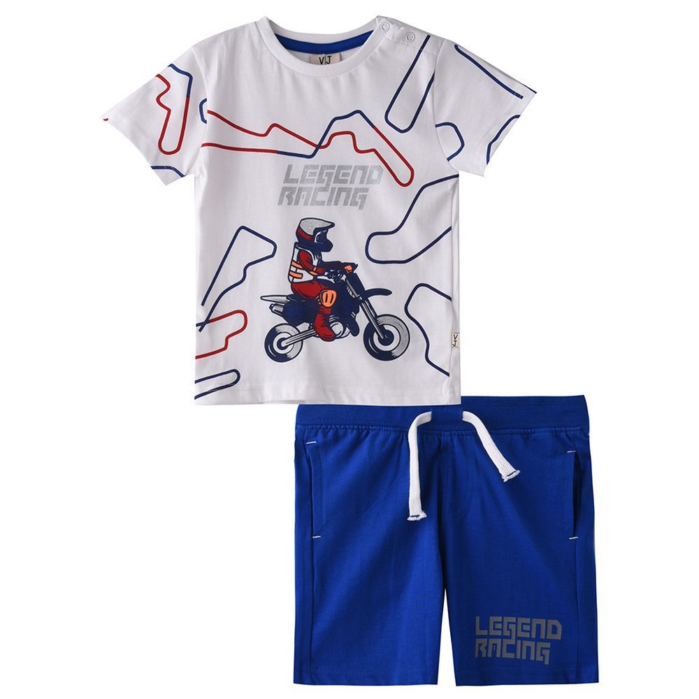 Victor and Jane - 2pc-Set - Baby Boy Sports Racing T-Shirt & Shorts Set - White/Blue