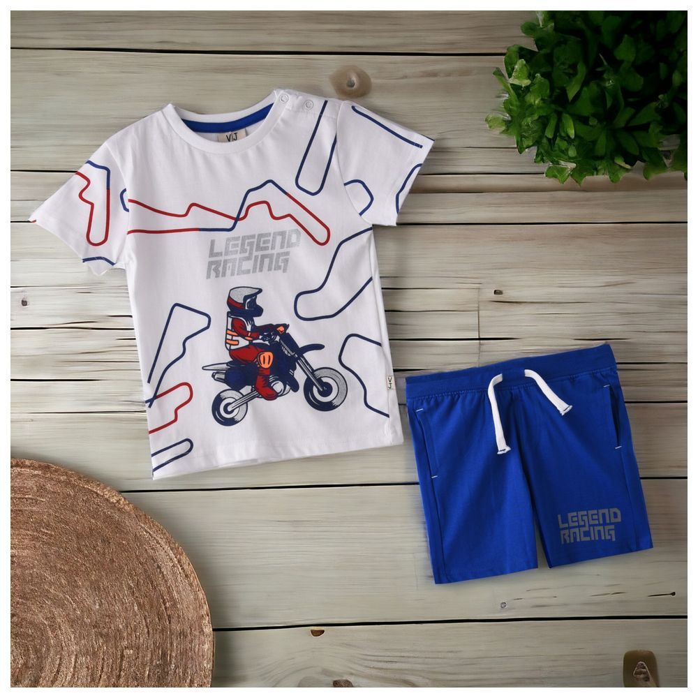 Victor and Jane - 2pc-Set - Baby Boy Sports Racing T-Shirt & Shorts Set - White/Blue