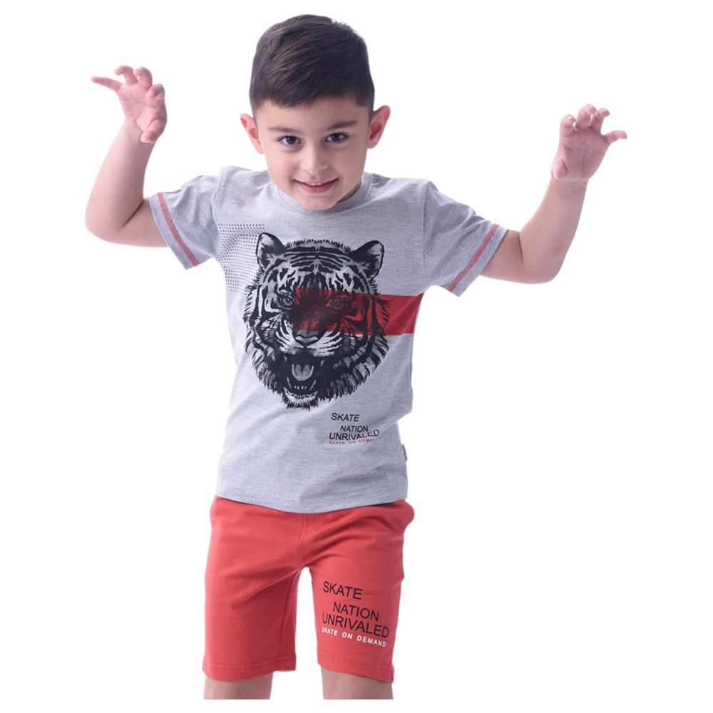 Victor and Jane - 2pc-Set - Boy's Cotton T-Shirt and Shorts - Grey/Rust