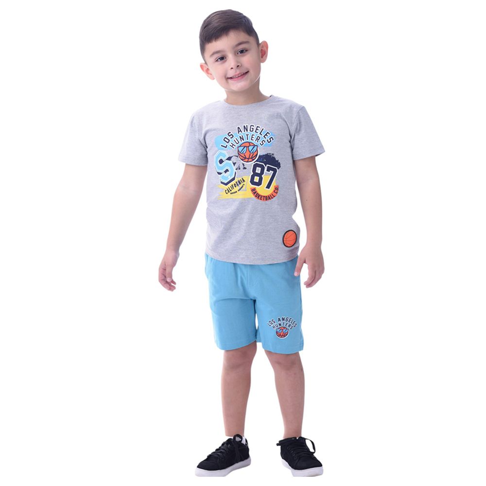 Victor and Jane - 2pc-Set - Boy's Cotton T-Shirt and Shorts - Grey/Blue