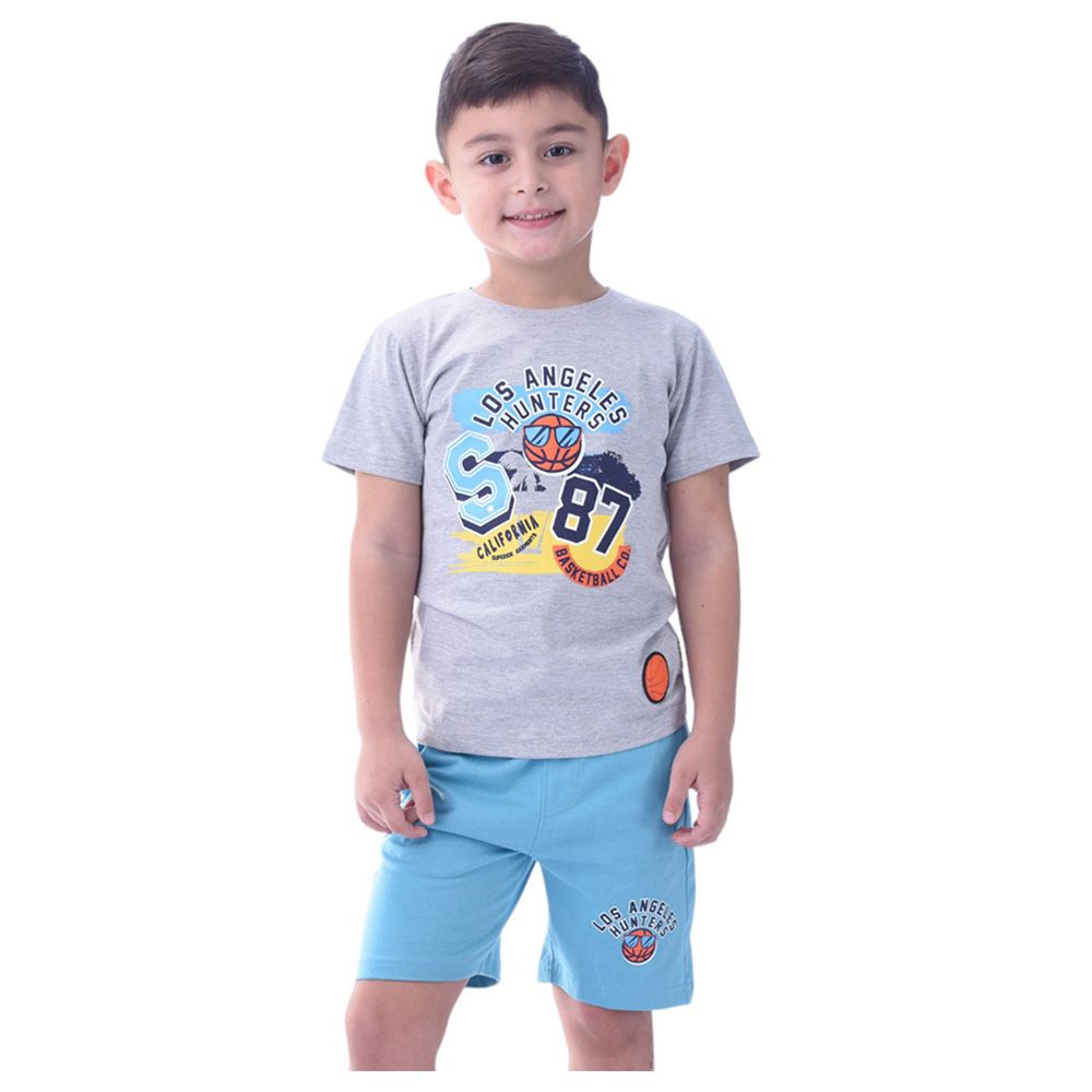 Victor and Jane - 2pc-Set - Boy's Cotton T-Shirt and Shorts - Grey/Blue