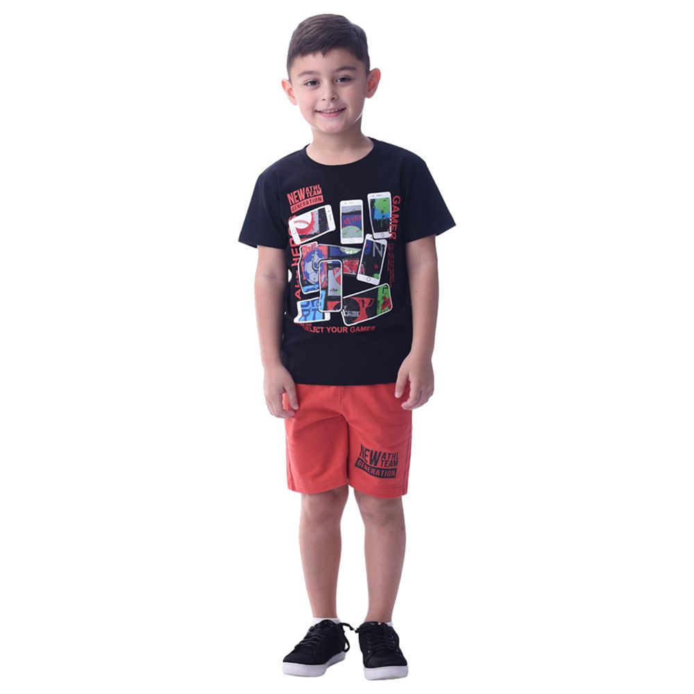 Victor and Jane - 2pc-Set - Boy's Cotton T-Shirt and Shorts - Black/Rust