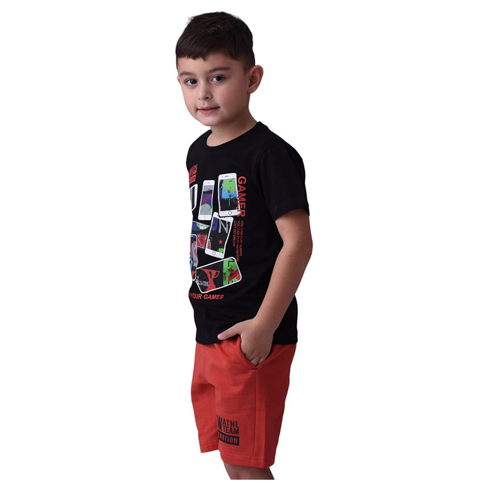 Victor and Jane - 2pc-Set - Boy's Cotton T-Shirt and Shorts - Black/Rust