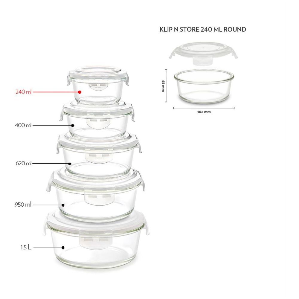 Borosil - Klip-N-Store Round Glass Storage Container - 240 ml