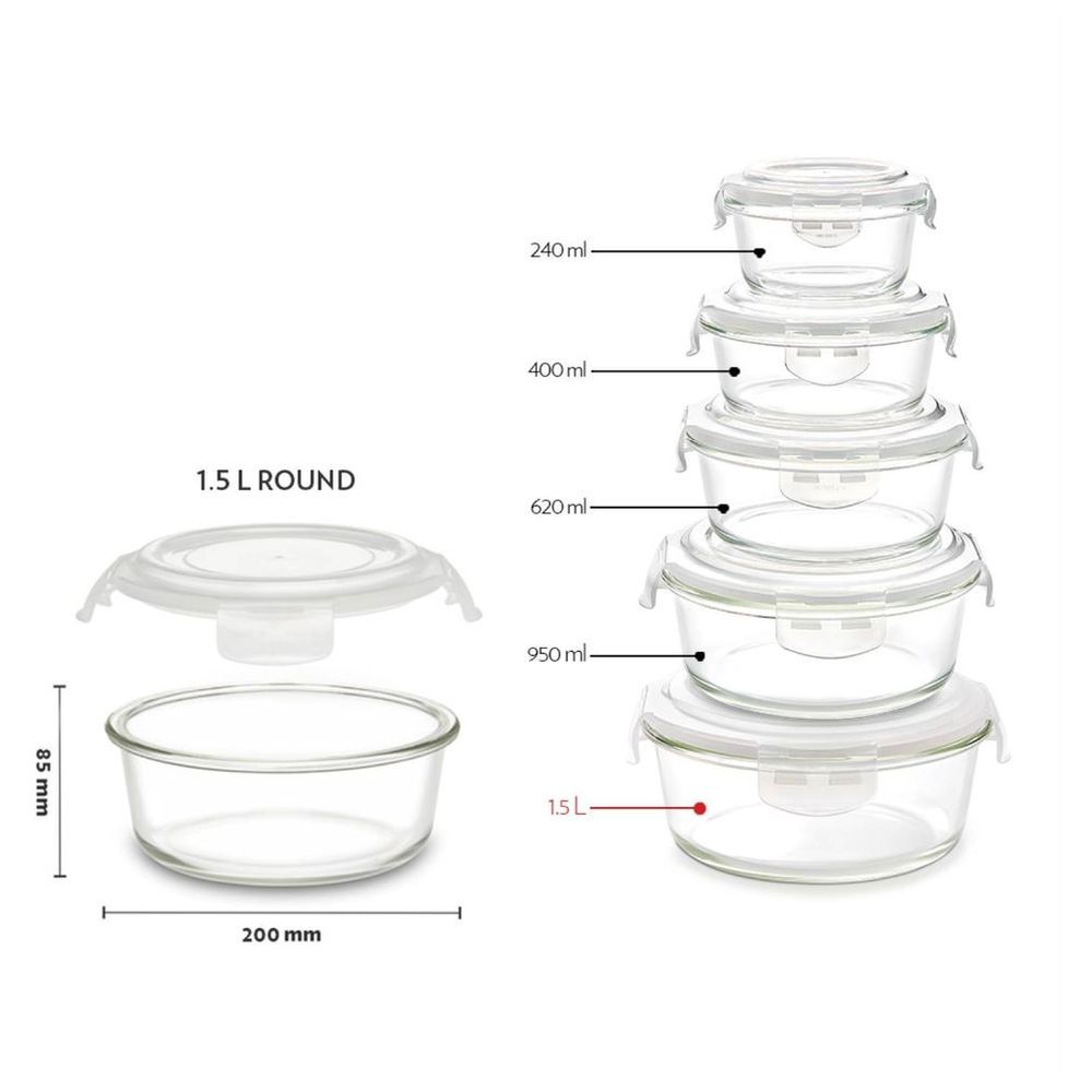 Borosil - Klip-N-Store Round Glass Storage Container - 1.5 L