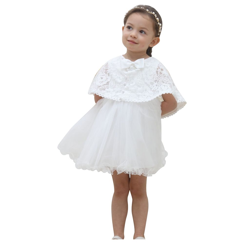 Smart Baby - Baby Girl Round Neck Party Dress With Cape - White