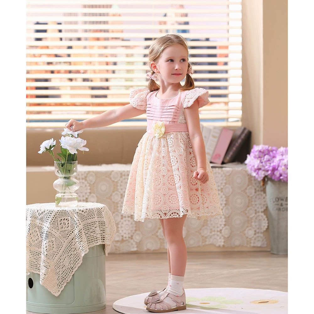 Smart Baby - Baby Girl Round Party Dress - Pink/Beige