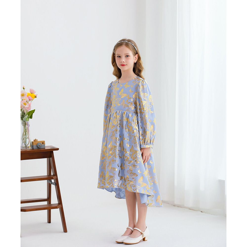 Le Crystal - Girl's Square Neck Full Sleeve Party Dress - Blue