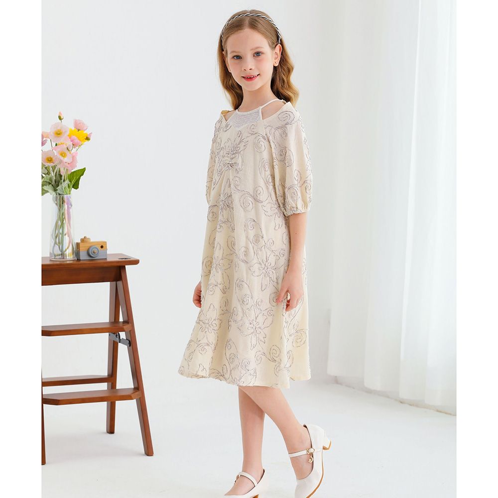 Le Crystal - Girl's V Shape Neck Half Sleeve Party Dress - Beige