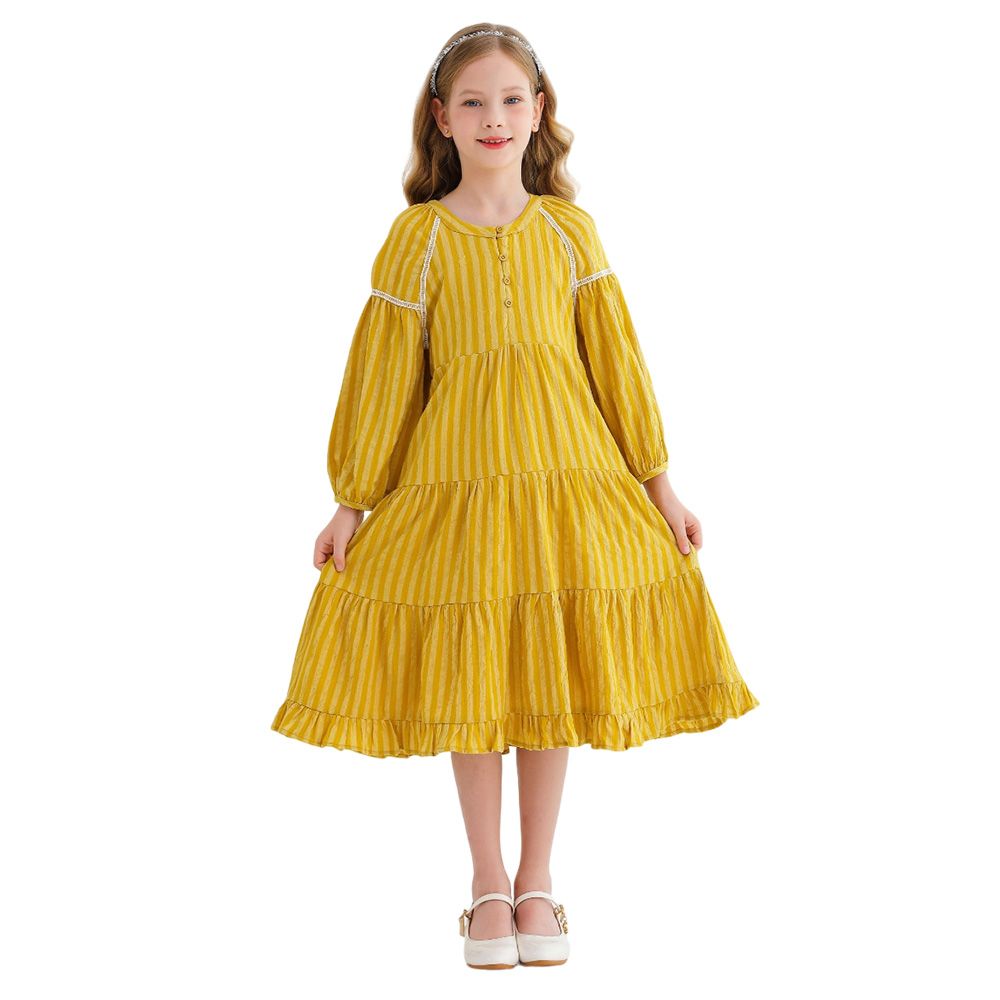 Le Crystal - Girl's Round Neck Full Sleeve Party Dress - Yellow