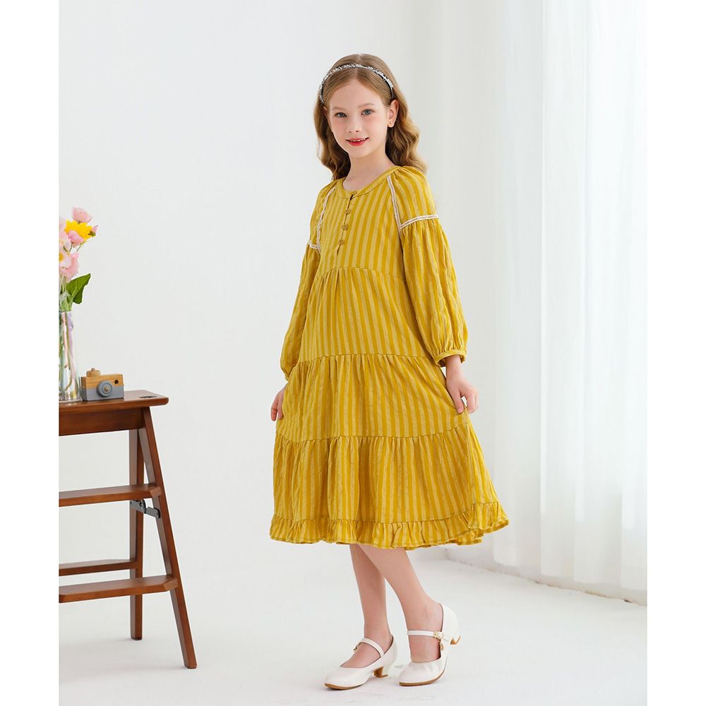 Le Crystal - Girl's Round Neck Full Sleeve Party Dress - Yellow