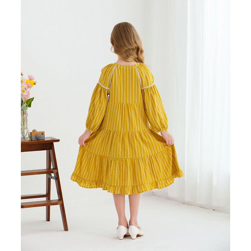 Le Crystal - Girl's Round Neck Full Sleeve Party Dress - Yellow