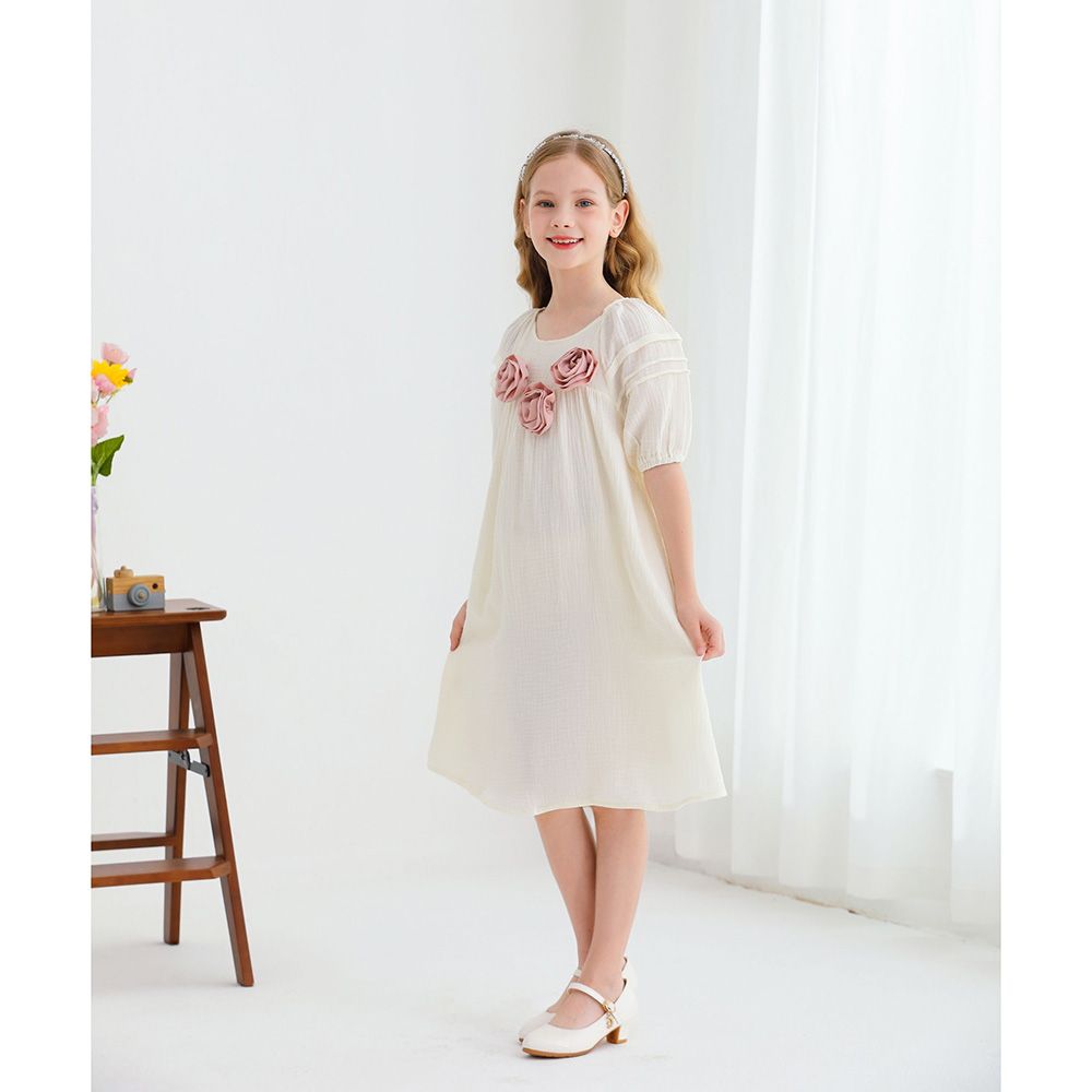 Le Crystal - Girl's Round Neck Half Sleeve Party Dress - Beige