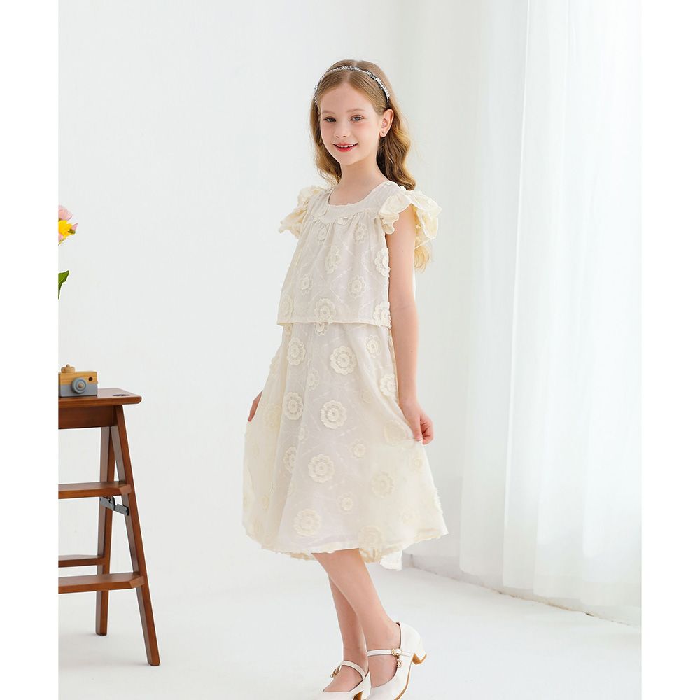 Le Crystal - Girl's Round Neck Flare Sleeve Party Dress - Beige