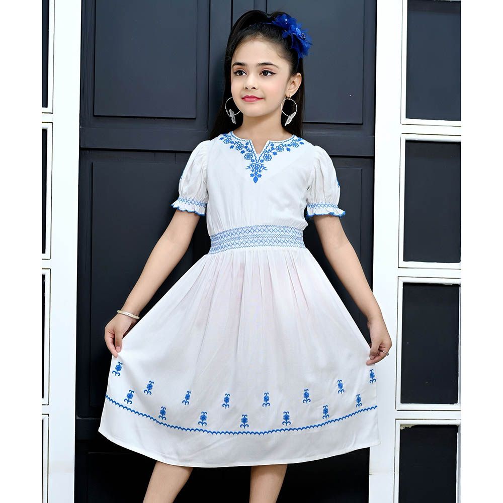 Flower Girl - Girl's Plain Embroidered Dress - White