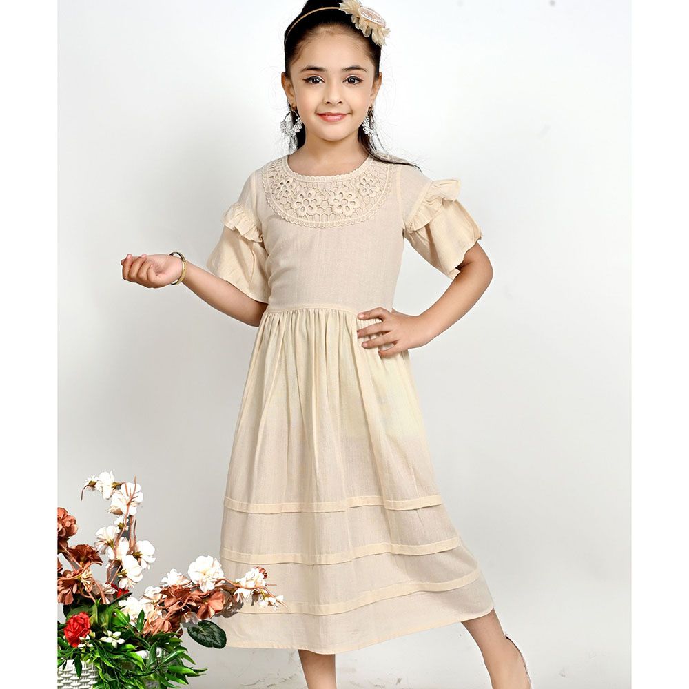 Flower Girl - Girl's Plain Pleated Dress - Cream