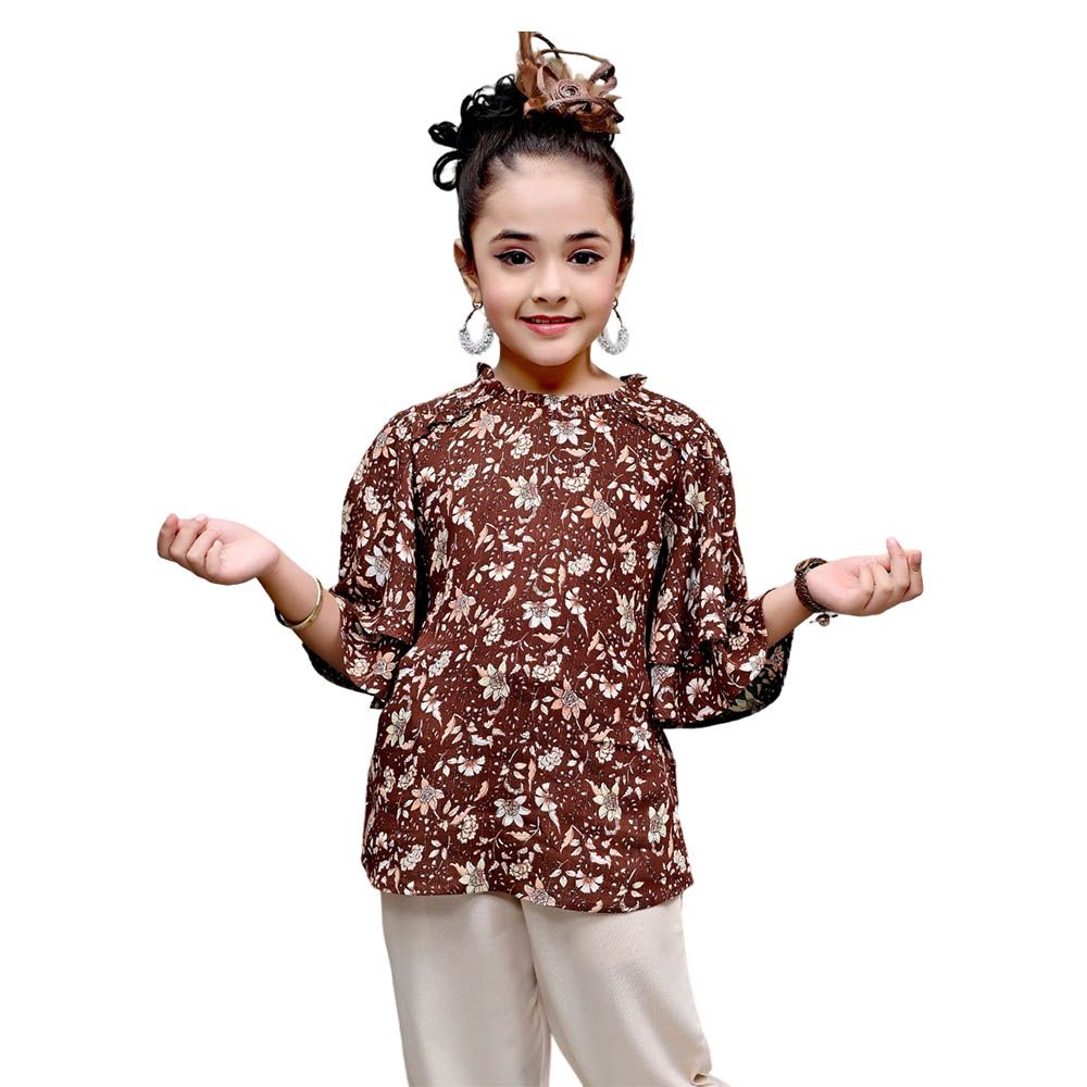 Nexgen Girls - Girl's Flare Sleeve Printed Top - Brown