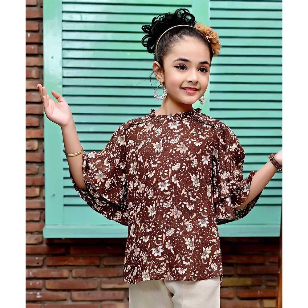 Nexgen Girls - Girl's Flare Sleeve Printed Top - Brown