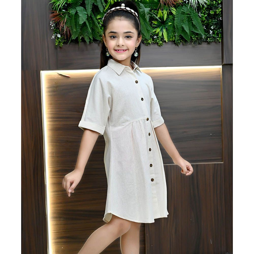 Flower Girl - Girl's Collar Neck Plain Dress - Light Beige