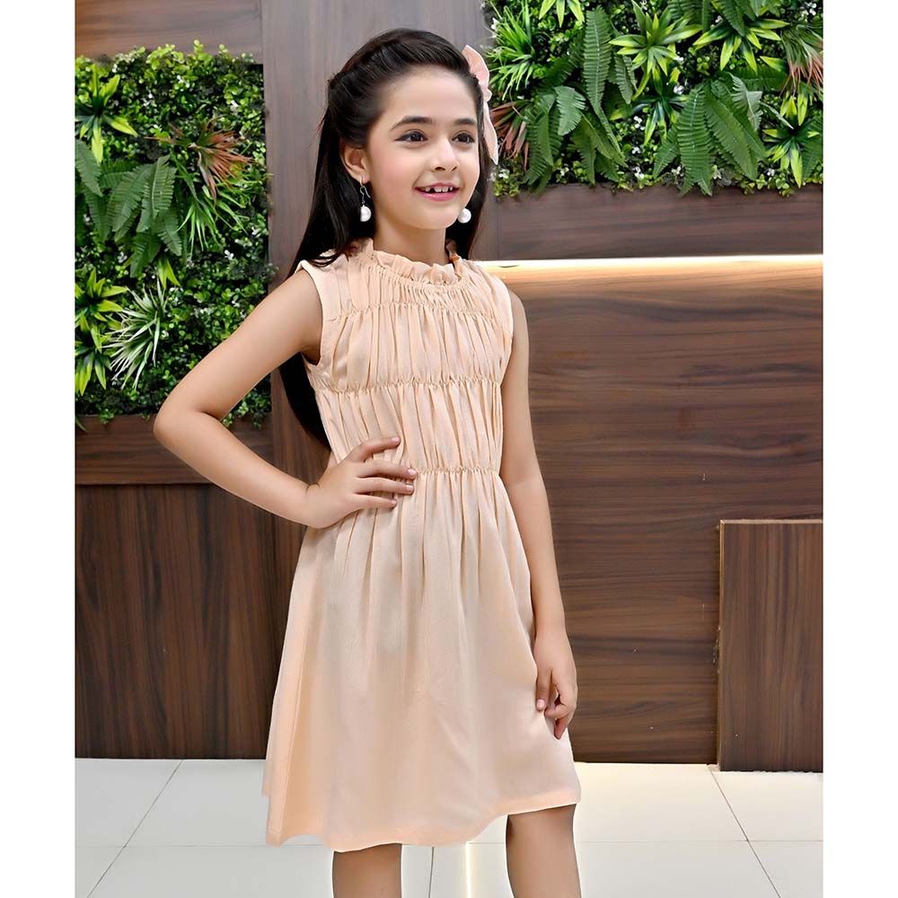 Flower Girl - Girl's Round Neck Plain Dress - Peach