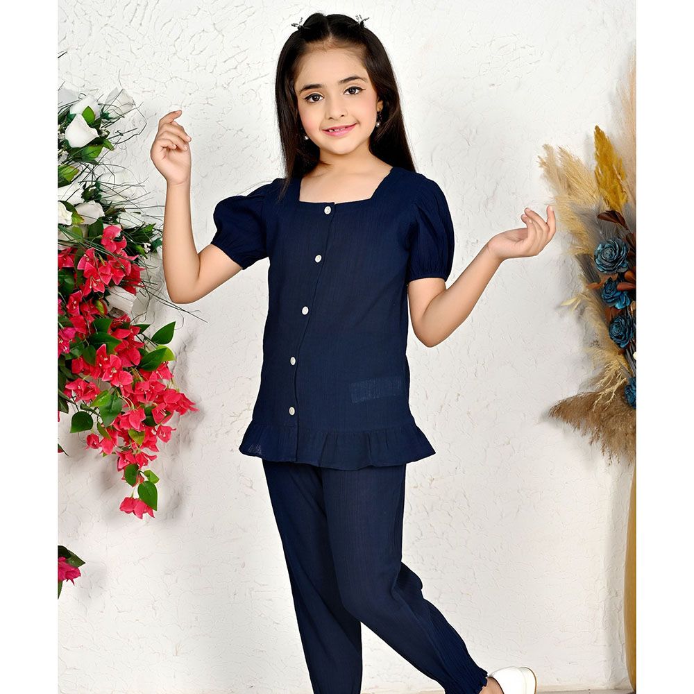 Nexgen Girls - Girl's Square Neck Puff Sleeve Plain Top - Navy