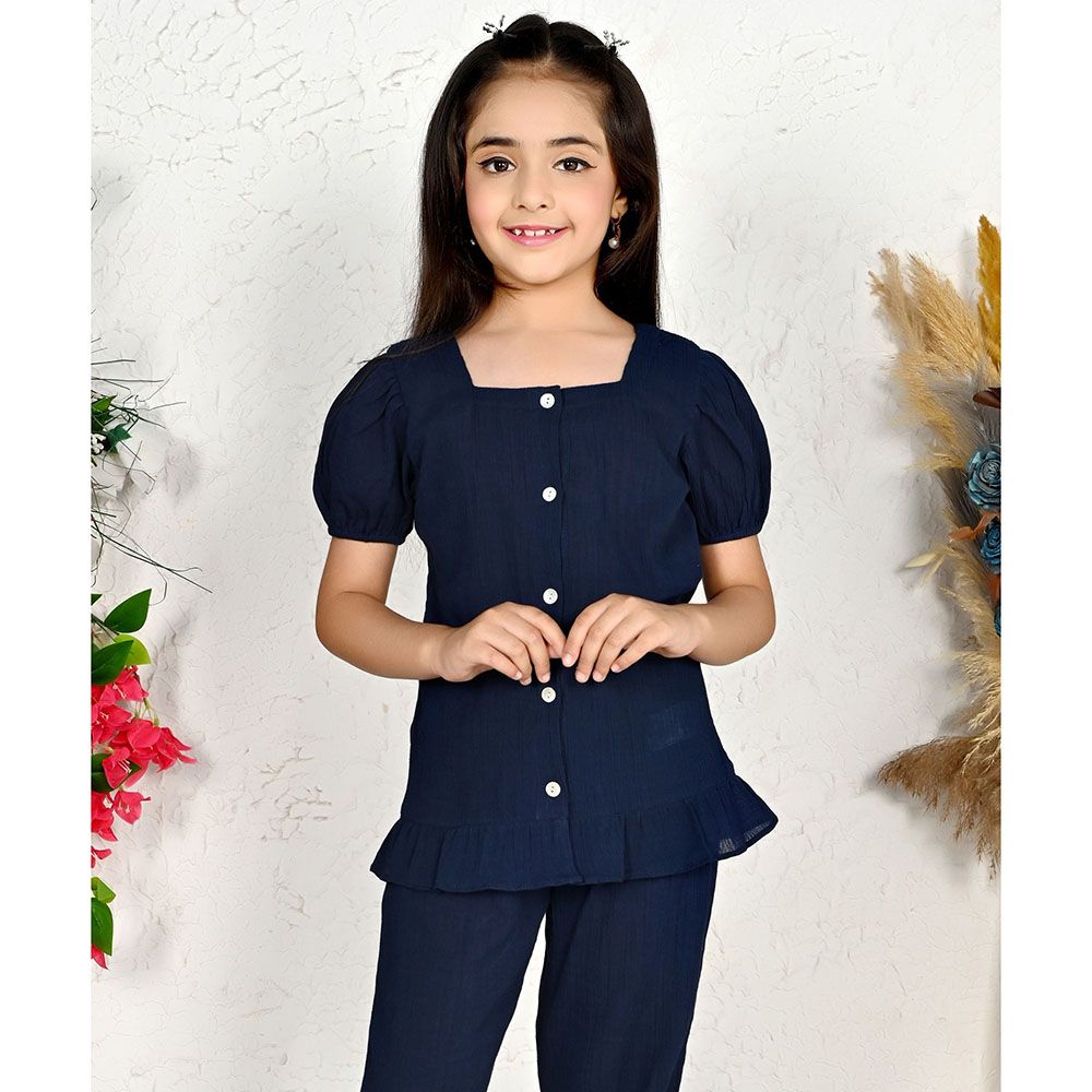 Nexgen Girls - Girl's Square Neck Puff Sleeve Plain Top - Navy