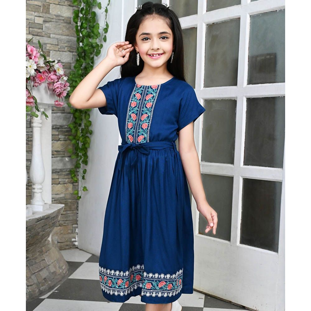 Flower Girl - Girl's Round Neck Plain Dress - Navy Blue