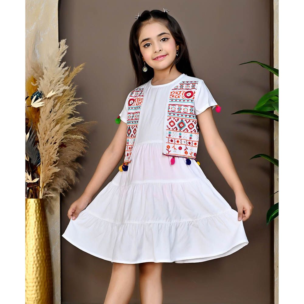 Flower Girl - Girl's Round Neck Dress With Jacket - White