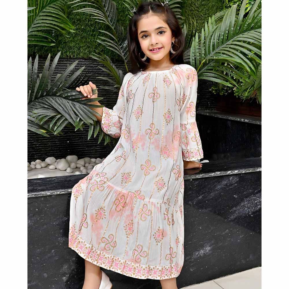 Flower Girl - Girl's Round Neck Printed Dress - White/Orange