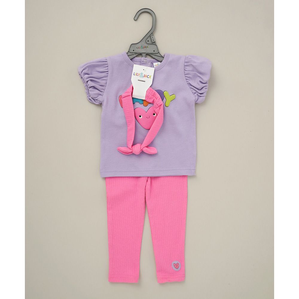 Lily & Jack - 3pc-Set - Top, Leggings And Headband - Pink/Purple