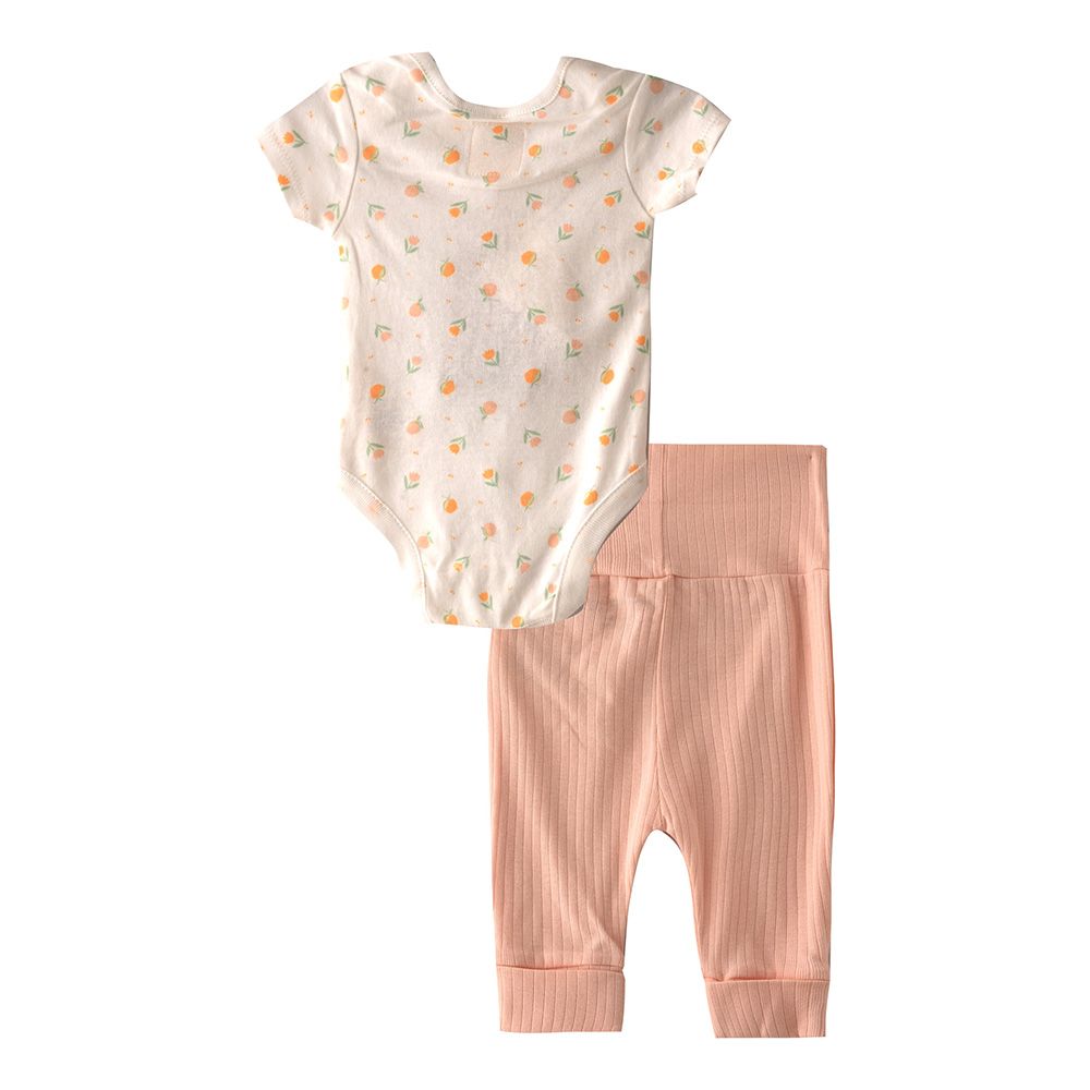 Home Grown - 3pc-Set - Bodysuit, Joggers w/ Bibs - White/Peach