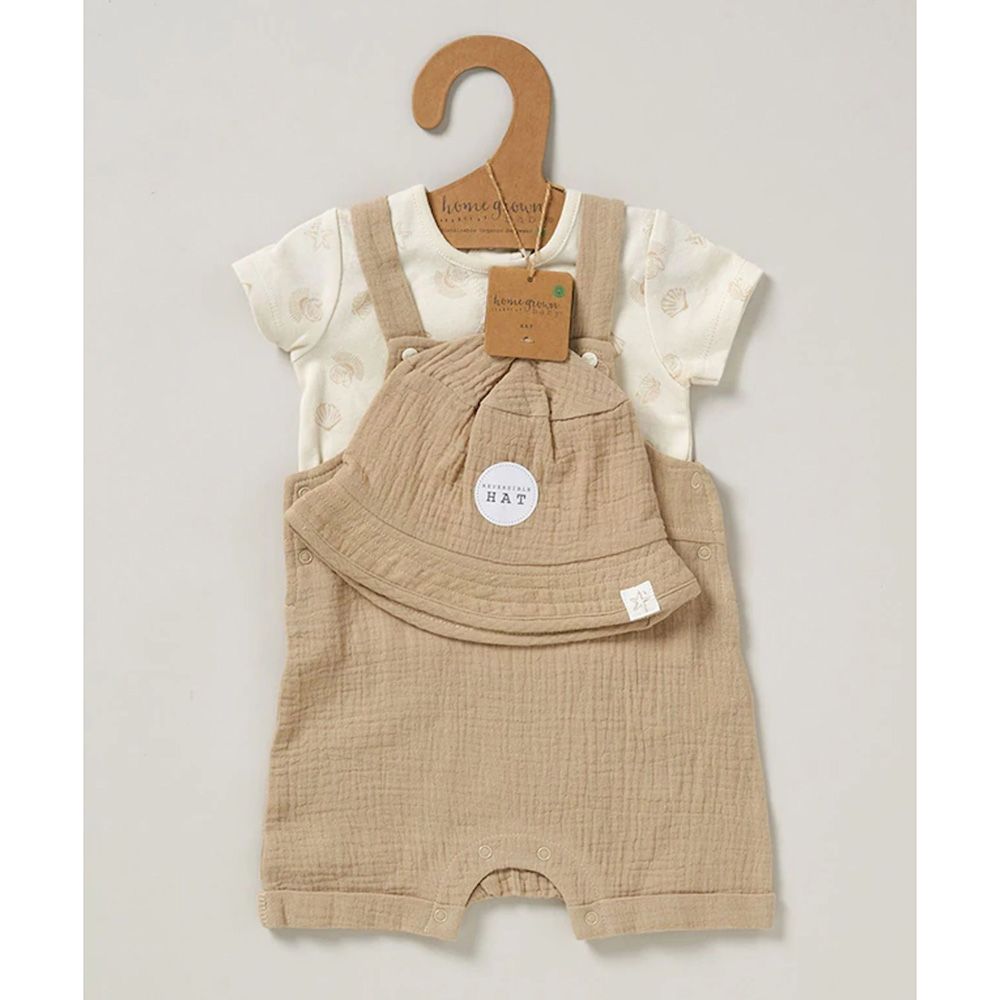 Home Grown - 3pc-Set - Printed T-Shirt, Dungaree w/ Cap - White/Beige