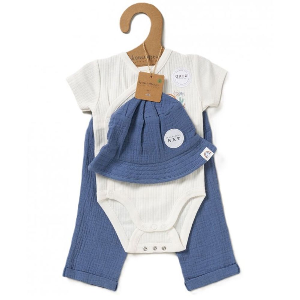 Home Grown - 3pc-Set - Baby Boy Bodysuit, Pants w/ Cap - White/Blue