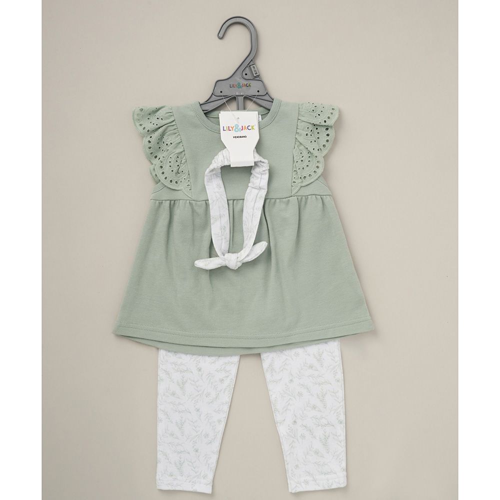 Lily & Jack - 3pc-Set - Baby Girl Top, Leggings And Headband - Sage