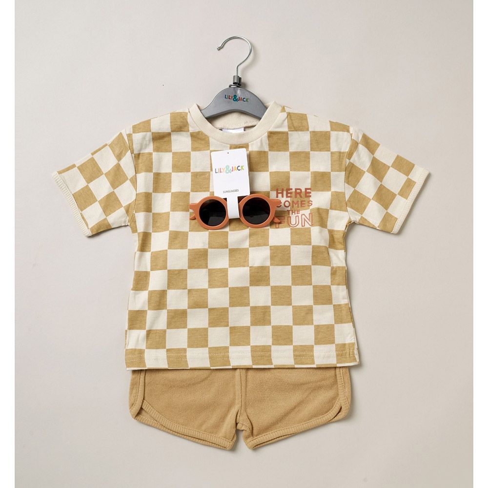 Rock a Bye Baby - 3pc-Set - Baby Boy Top, Shorts And Sunglasses - Beige